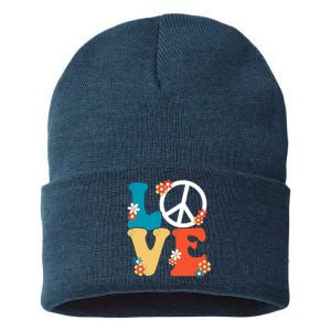 Love Retro Hippie Floral Peace Sign Sustainable Knit Beanie