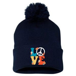 Love Retro Hippie Floral Peace Sign Pom Pom 12in Knit Beanie