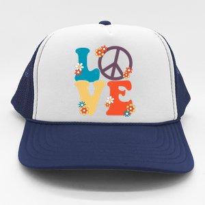 Love Retro Hippie Floral Peace Sign Trucker Hat