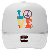 Love Retro Hippie Floral Peace Sign High Crown Mesh Back Trucker Hat