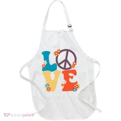 Love Retro Hippie Floral Peace Sign Full-Length Apron With Pockets