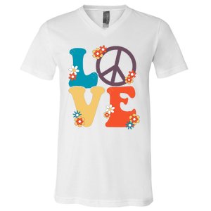 Love Retro Hippie Floral Peace Sign V-Neck T-Shirt