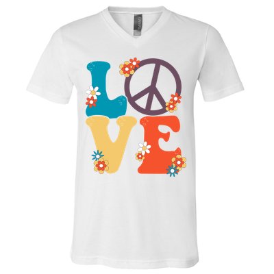 Love Retro Hippie Floral Peace Sign V-Neck T-Shirt