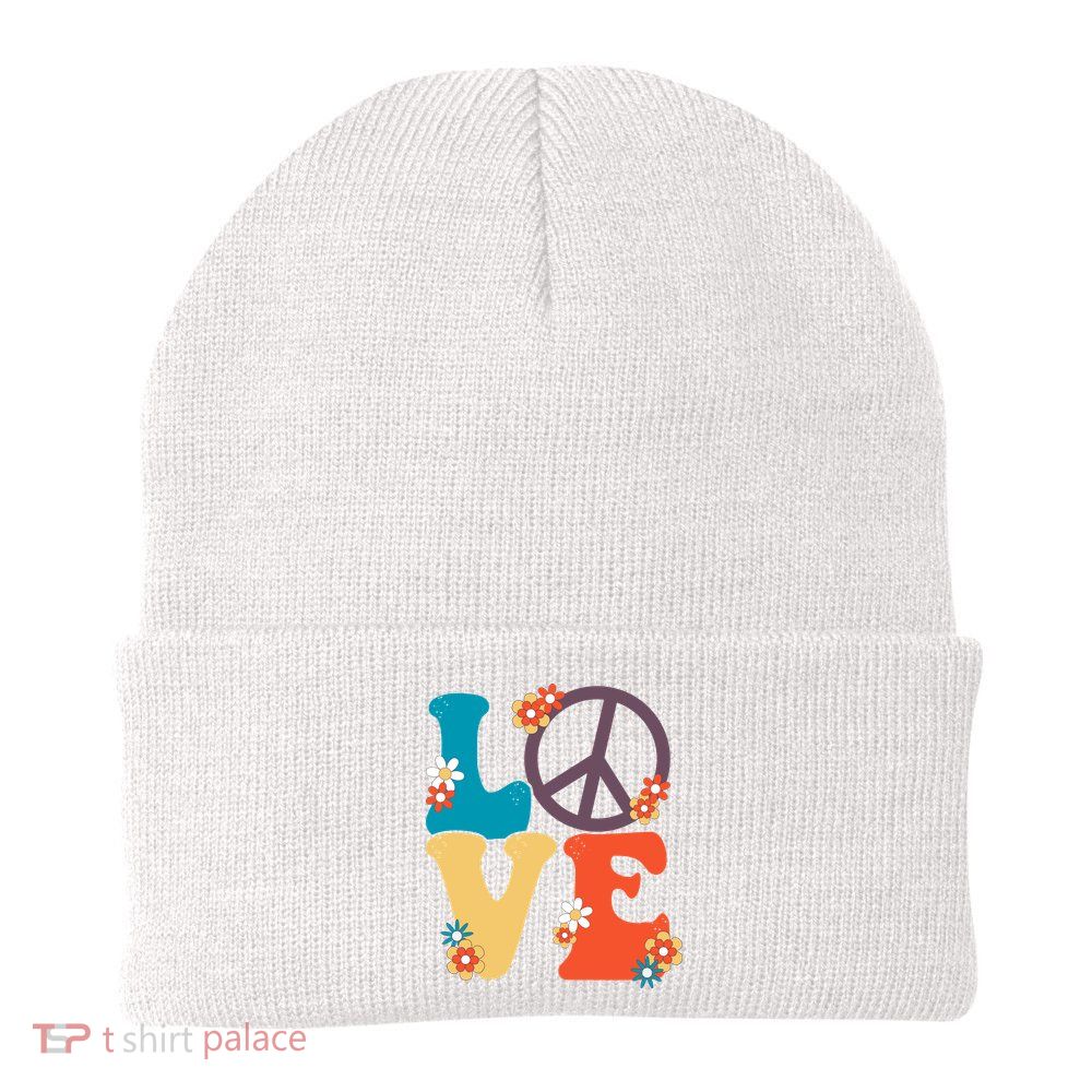 Love Retro Hippie Floral Peace Sign Beanie