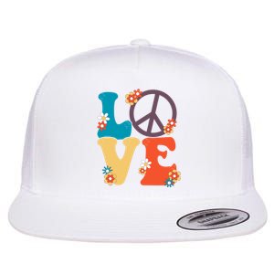 Love Retro Hippie Floral Peace Sign Flat Bill Trucker Hat