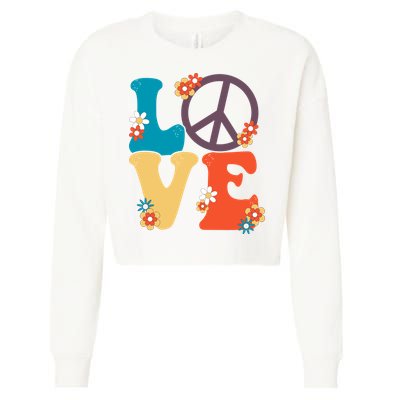 Love Retro Hippie Floral Peace Sign Cropped Pullover Crew