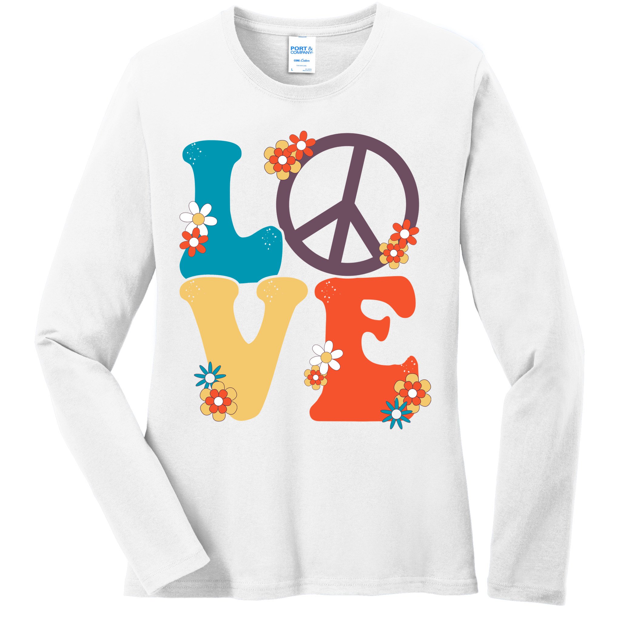 Love Retro Hippie Floral Peace Sign Ladies Long Sleeve Shirt