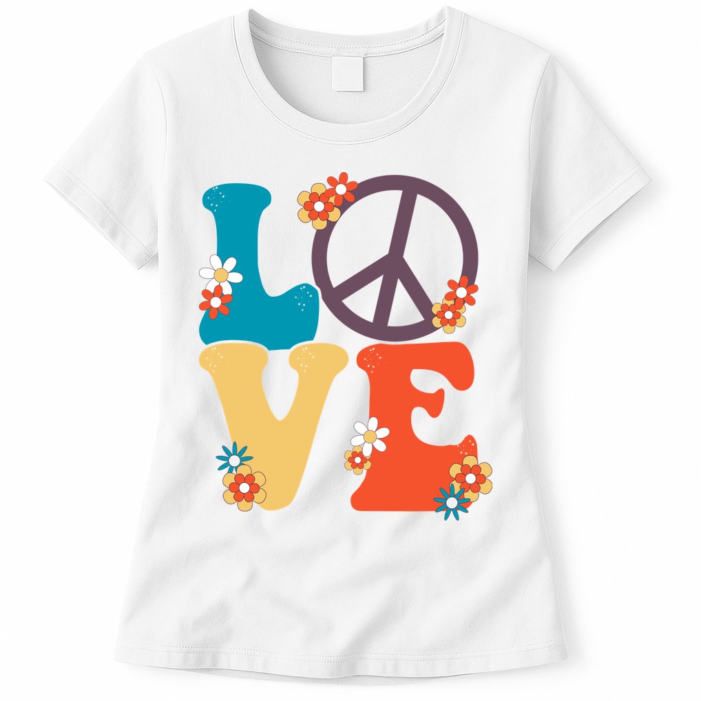 Love Retro Hippie Floral Peace Sign Womens T-Shirt