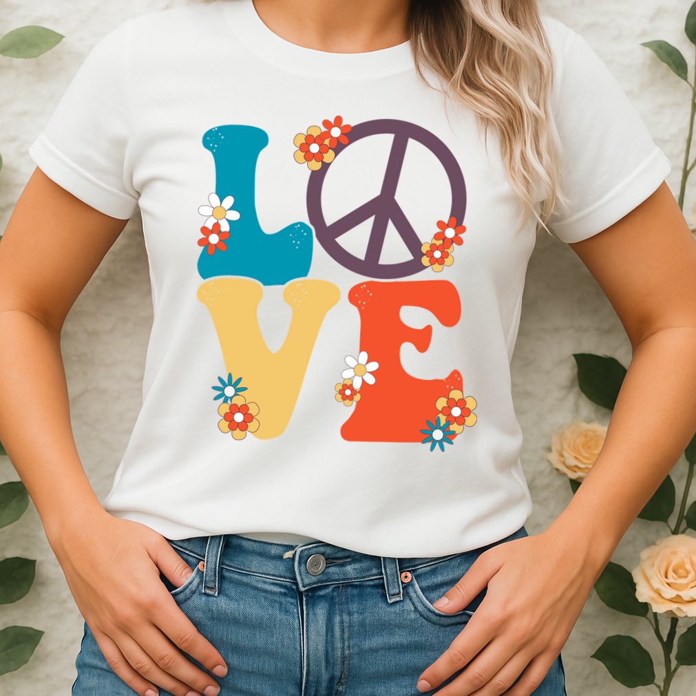 Love Retro Hippie Floral Peace Sign Womens T-Shirt