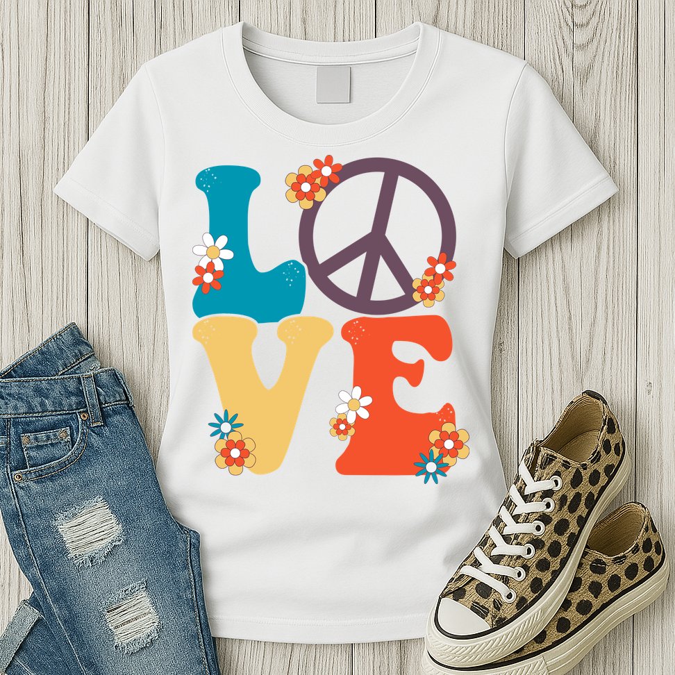Love Retro Hippie Floral Peace Sign Womens T-Shirt