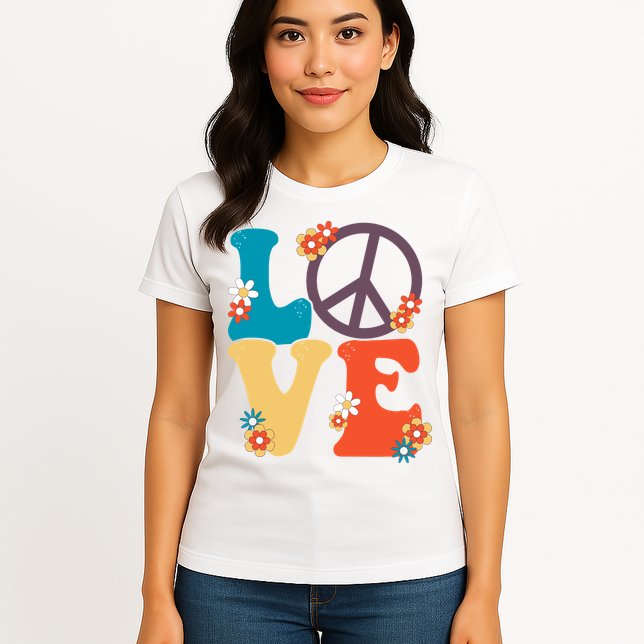 Love Retro Hippie Floral Peace Sign Womens T-Shirt
