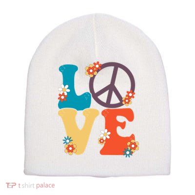 Love Retro Hippie Floral Peace Sign Short Acrylic Beanie