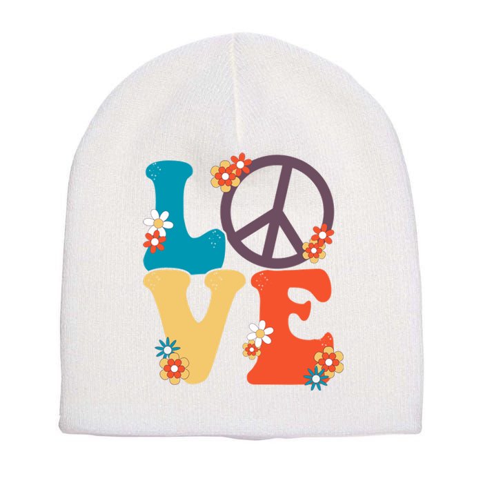 Love Retro Hippie Floral Peace Sign Short Acrylic Beanie