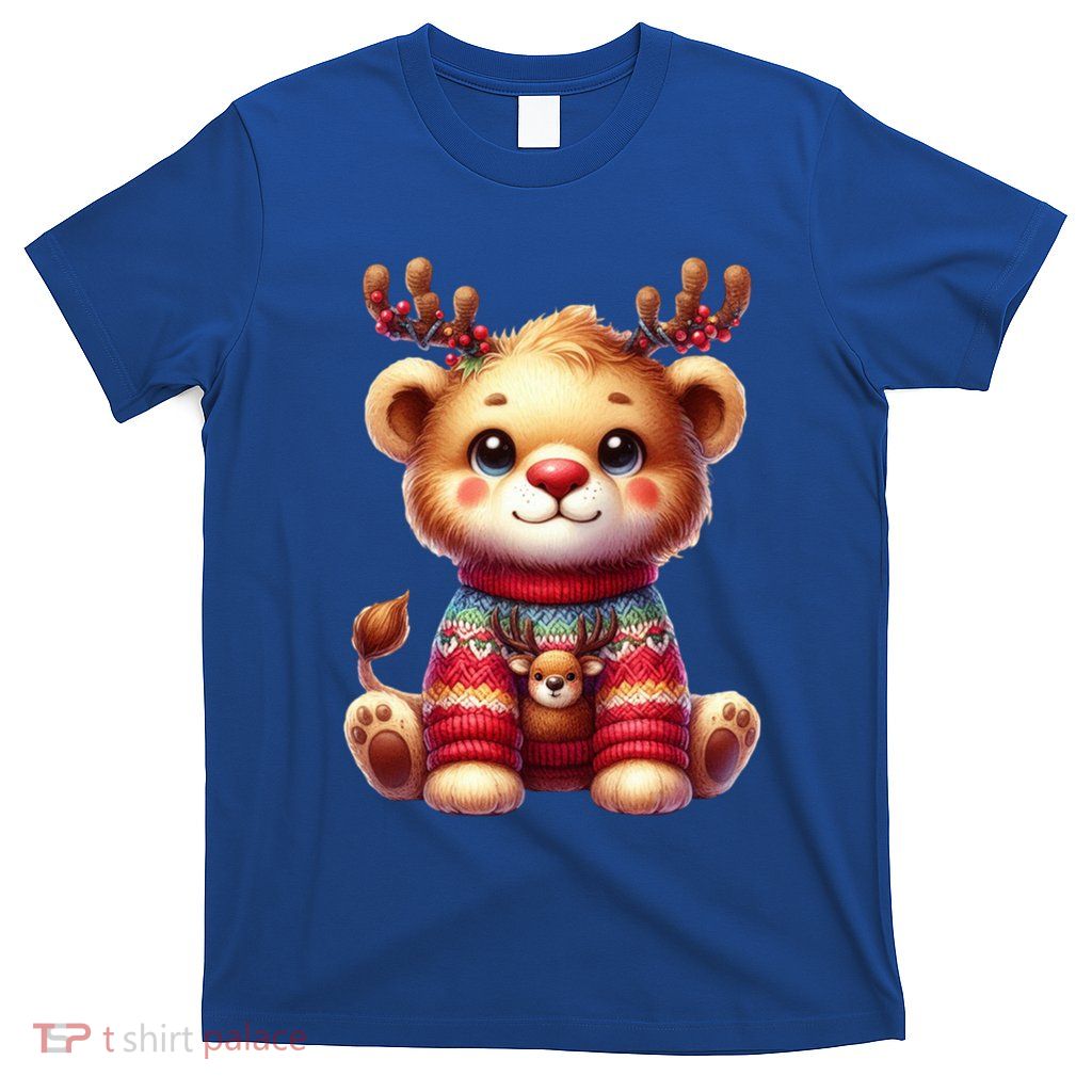 Lion Reindeer Hat Santa Christmas Funny Lion Xmas Swea T-Shirt