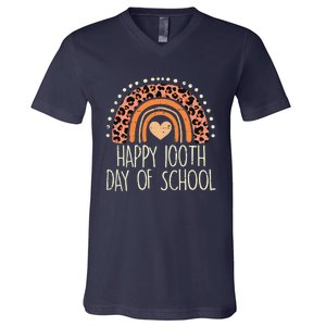 Leopard Rainbow Happy 100th Day School Cute 100 Days Teacher V-Neck T-Shirt