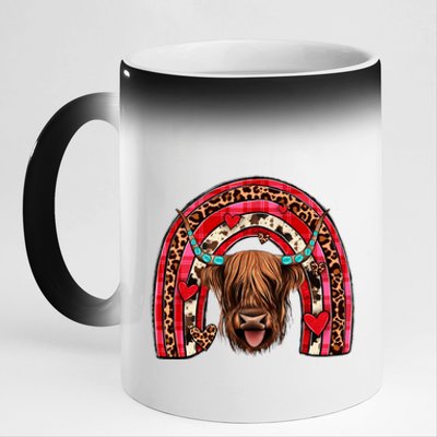 Leopard Rainbow Heart Highland Cow Head Western Valentine Great Gift 11oz Black Color Changing Mug