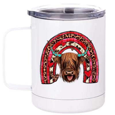 Leopard Rainbow Heart Highland Cow Head Western Valentine Great Gift 12 oz Stainless Steel Tumbler Cup