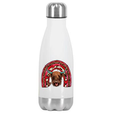 Leopard Rainbow Heart Highland Cow Head Western Valentine Great Gift Stainless Steel Insulated Water Bottle