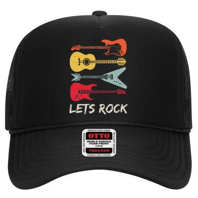 Lets Rock N Roll Guitar Retro Gift Men Women High Crown Mesh Back Trucker Hat