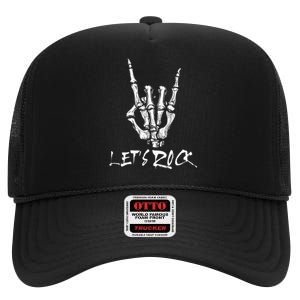 Lets Rock On Band Rock And Roll Skeleton Hand Graphic High Crown Mesh Back Trucker Hat