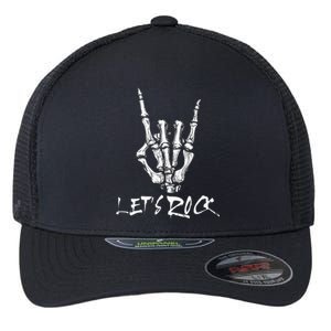 Lets Rock On Band Rock And Roll Skeleton Hand Graphic Flexfit Unipanel Trucker Cap