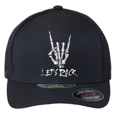 Lets Rock On Band Rock And Roll Skeleton Hand Graphic Flexfit Unipanel Trucker Cap