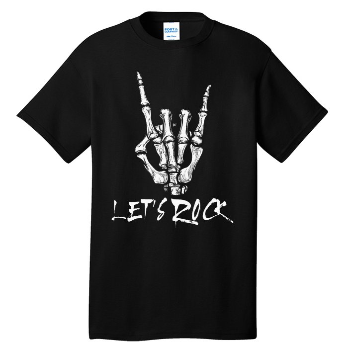 Lets Rock On Band Rock And Roll Skeleton Hand Graphic Tall T-Shirt