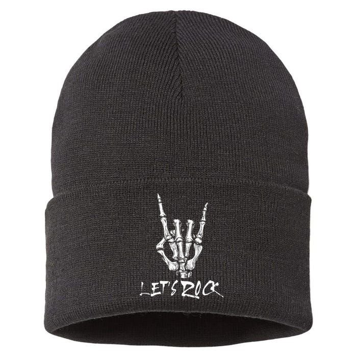 Lets Rock On Band Rock And Roll Skeleton Hand Graphic Sustainable Knit Beanie