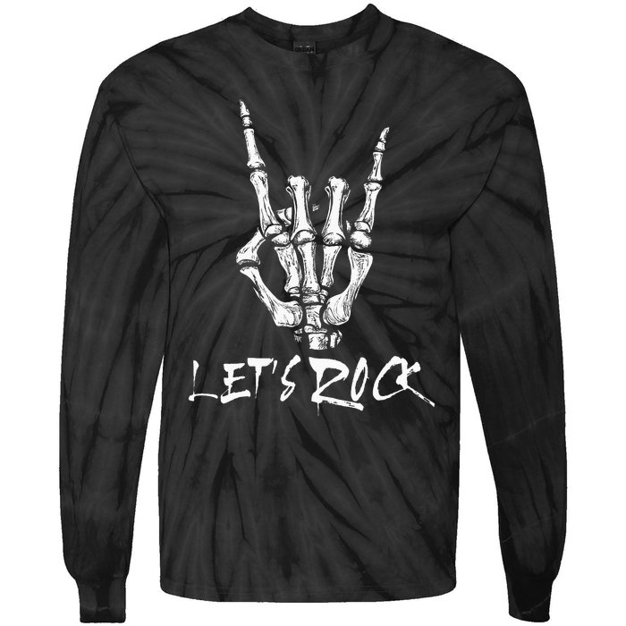 Lets Rock On Band Rock And Roll Skeleton Hand Graphic Tie-Dye Long Sleeve Shirt