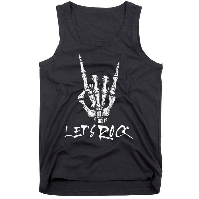 Lets Rock On Band Rock And Roll Skeleton Hand Graphic Tank Top