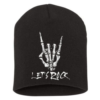 Lets Rock On Band Rock And Roll Skeleton Hand Graphic Short Acrylic Beanie