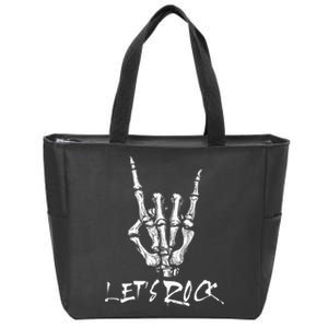 Lets Rock On Band Rock And Roll Skeleton Hand Graphic Zip Tote Bag