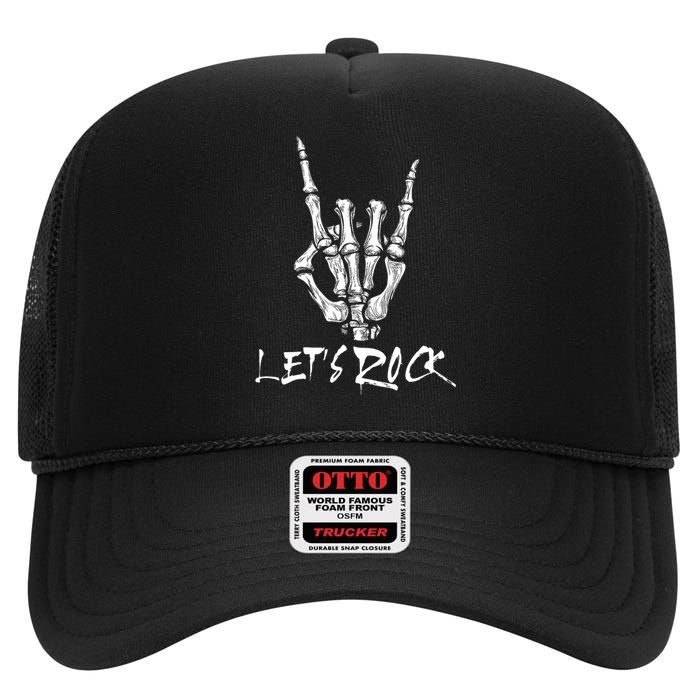 Lets Rock On Band Rock And Roll Skeleton Hand Graphic High Crown Mesh Back Trucker Hat