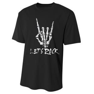 Lets Rock On Band Rock And Roll Skeleton Hand Graphic Performance Sprint T-Shirt