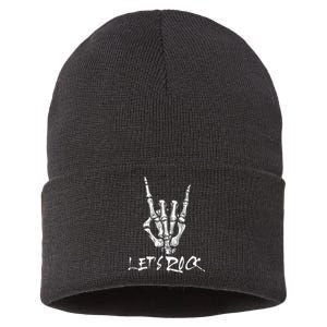 Lets Rock On Band Rock And Roll Skeleton Hand Graphic Sustainable Knit Beanie