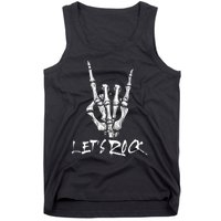 Lets Rock On Band Rock And Roll Skeleton Hand Graphic Tank Top