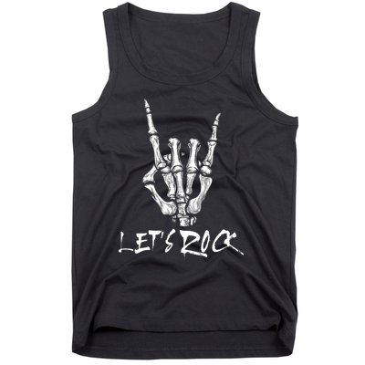 Lets Rock On Band Rock And Roll Skeleton Hand Graphic Tank Top