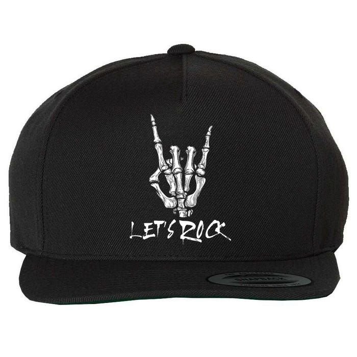 Lets Rock On Band Rock And Roll Skeleton Hand Graphic Wool Snapback Cap