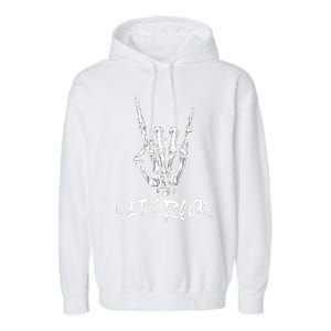 Lets Rock On Band Rock And Roll Skeleton Hand Graphic Garment-Dyed Fleece Hoodie