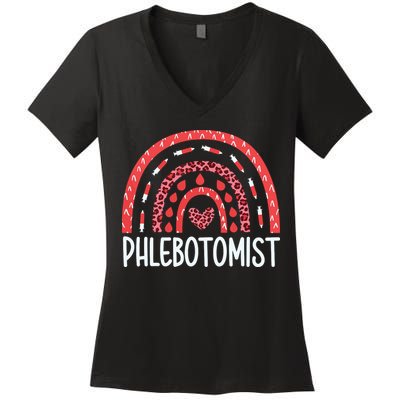 Leopard Rainbow Phlebotomist Phlebotomy Technician Tech RN Women's V-Neck T-Shirt
