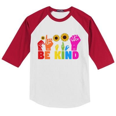 Lgbt Rainbow Pride Month Asl Be Kind Hand Sign Language Cool Gift Kids Colorblock Raglan Jersey