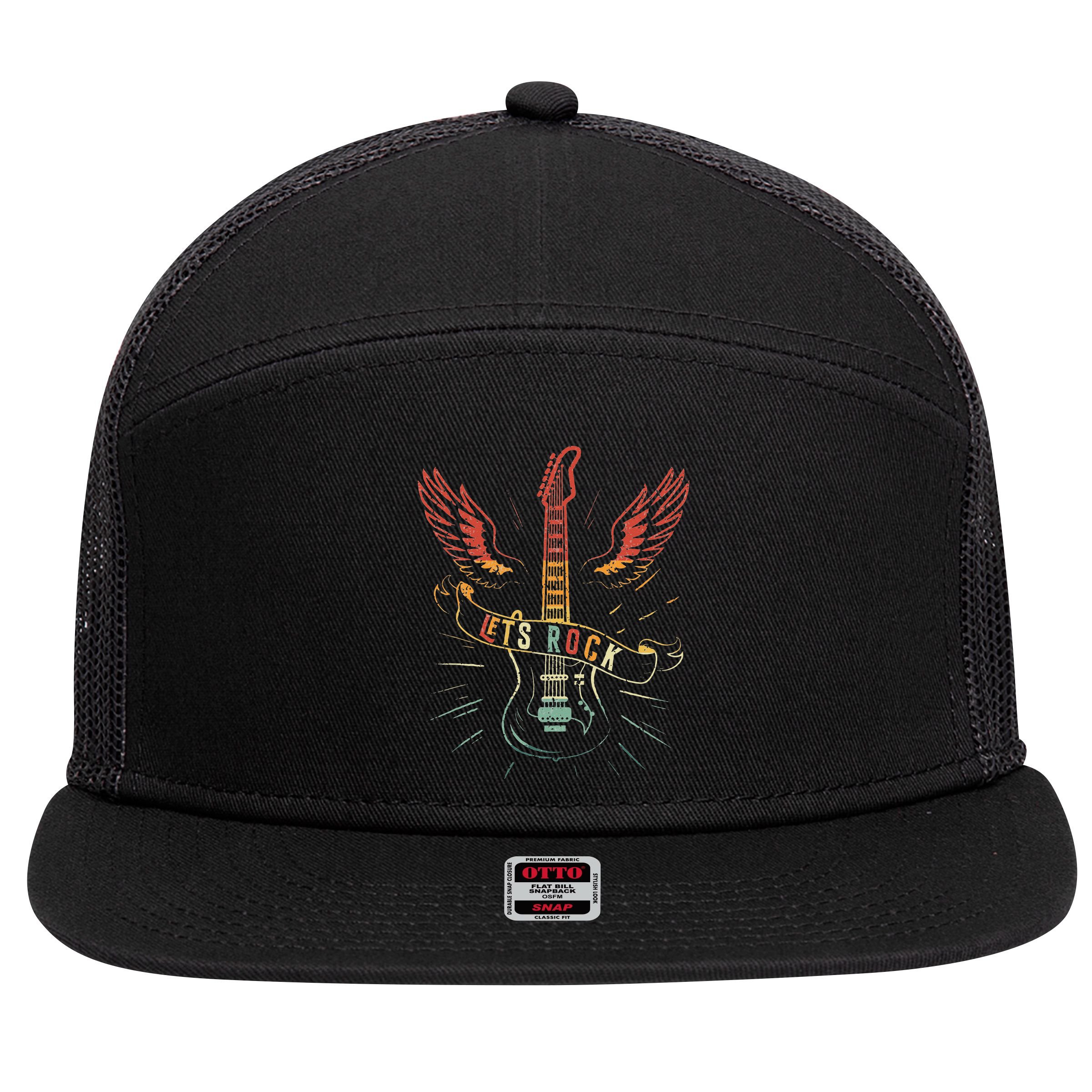 Lets Rock Rock n Roll Guitar Retro lovers 7 Panel Mesh Trucker Snapback Hat