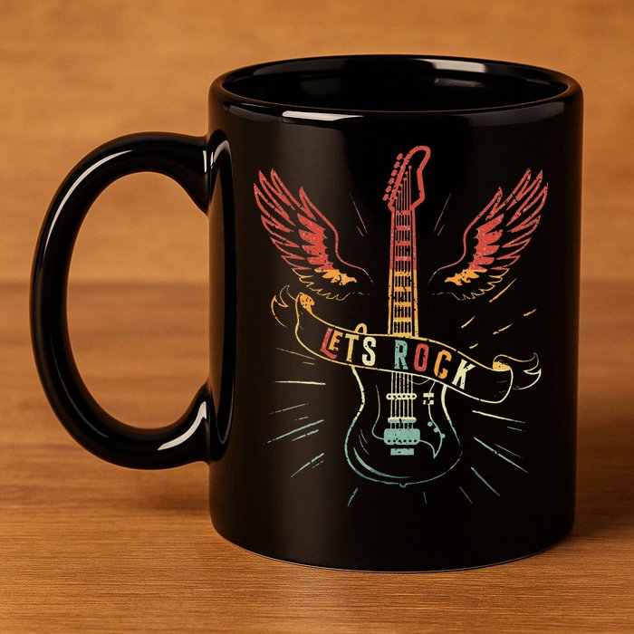 Lets Rock Rock n Roll Guitar Retro lovers 11oz C Handle Ceramic Mug