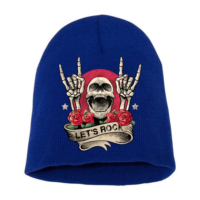 Lets Rock Rock And Roll Skeleton Hand Vintage Retro Rock Concert Gift Short Acrylic Beanie