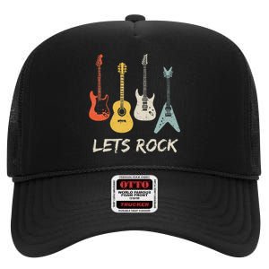 Lets Rock Rock N Roll Guitar Retro Gift Men Women High Crown Mesh Back Trucker Hat