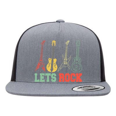 Lets Rock Rock N Roll Guitar Retro Flat Bill Trucker Hat