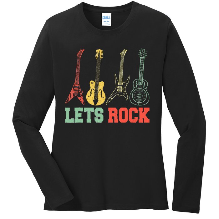 Lets Rock Rock N Roll Guitar Retro Ladies Long Sleeve Shirt