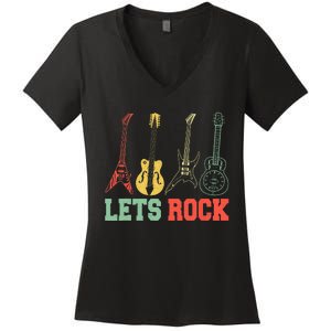 Lets Rock Rock N Roll Guitar Retro Women's V-Neck T-Shirt