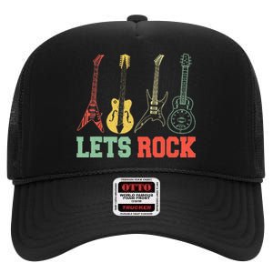 Lets Rock Rock n Roll Guitar Retro lovers High Crown Mesh Back Trucker Hat