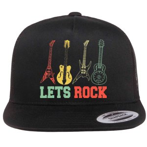 Lets Rock Rock n Roll Guitar Retro lovers Flat Bill Trucker Hat